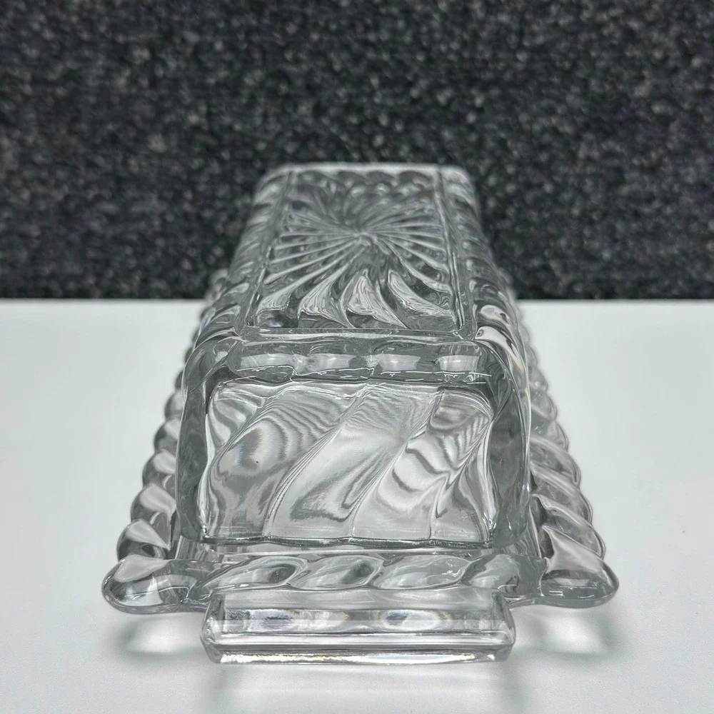 Vintage Clear Pressed Glass Butter Dish Sunburst Swirl Pattern Handled Tray Lid